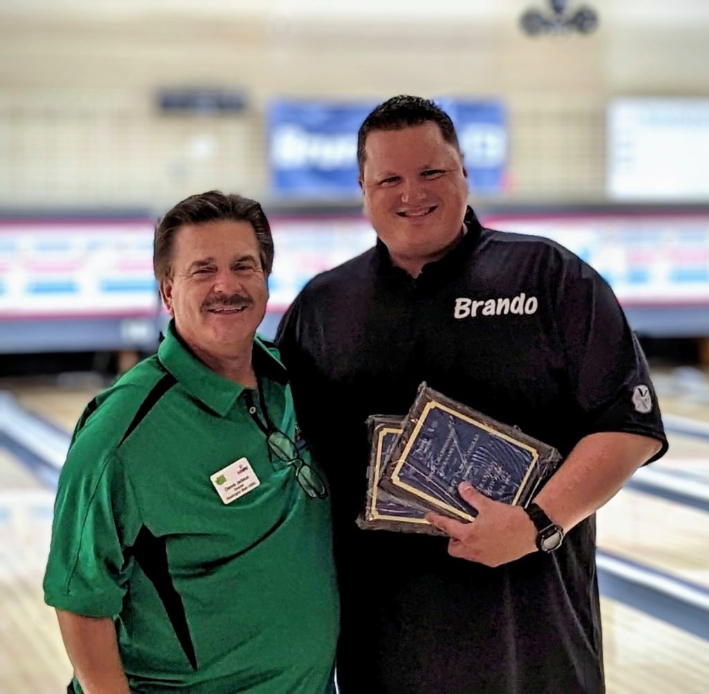 WSUSBC Director Dennis Jackson presented Bowman with the 2023 Washington State USBC Open Championships Division A – Singles (826) and Scratch All Events (2153) awards at Evergreen Lanes.